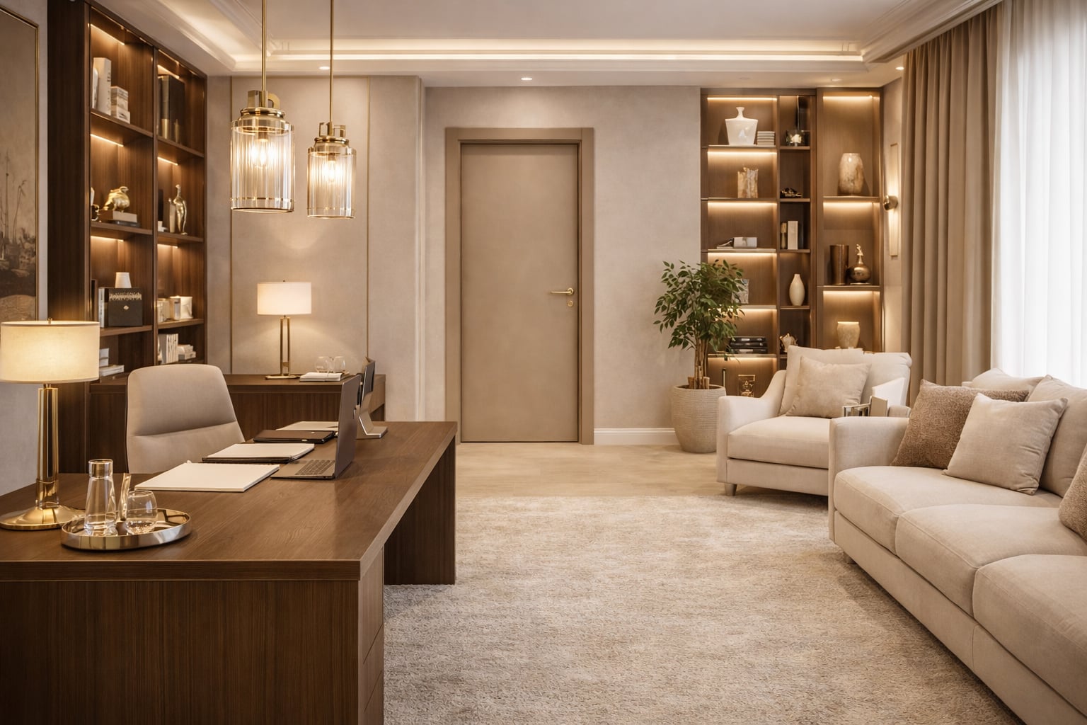 Ambiente interno sofisticado com porta de alto padrão ao centro.